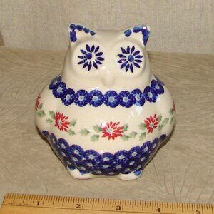 Boleslawiec Polish Pottery Chubby Owl Figurine, 4" Figure, Blue/Red Floral